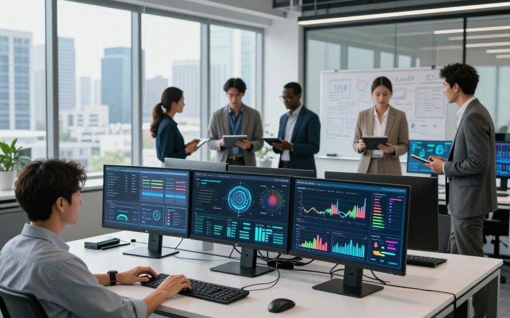 A modern office environment showcasing advanced predictive analytics tools in action. In the foreground, a sleek, futuristic workstation featuring multiple monitors displaying colorful data visualizations, statistical graphs, and artificial intelligence algorithms. In the middle ground, diverse professionals in business attire collaborate, analyzing the data insights, using tablets and laptops, with a whiteboard filled with strategic notes behind them. The background reveals a panoramic view of a city skyline through large glass windows, symbolizing progress and innovation. Bright, natural lighting enhances the tech-savvy atmosphere, creating a sense of urgency and forward-thinking. The image captures the essence of predictive analytics, focusing on data-driven decision-making for 2026.