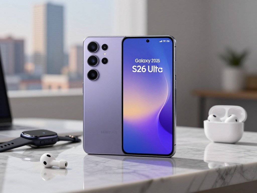 A sleek Samsung Galaxy S26 Ultra, displayed elegantly on a polished marble surface, surrounded by subtle hints of technology—like a modern smartwatch and wireless earbuds. The phone's vibrant display showcases an eye-catching countdown timer for its release date, with the date highlighted in a stunning font. Soft, diffused lighting illuminates the scene from the left, creating a professional atmosphere, while a blurred cityscape adds depth in the background, hinting at the excitement of a tech launch. The overall mood reflects anticipation and sophistication, focusing on the sleek design and innovation of the device, with no people present, ensuring a clean and professional look.