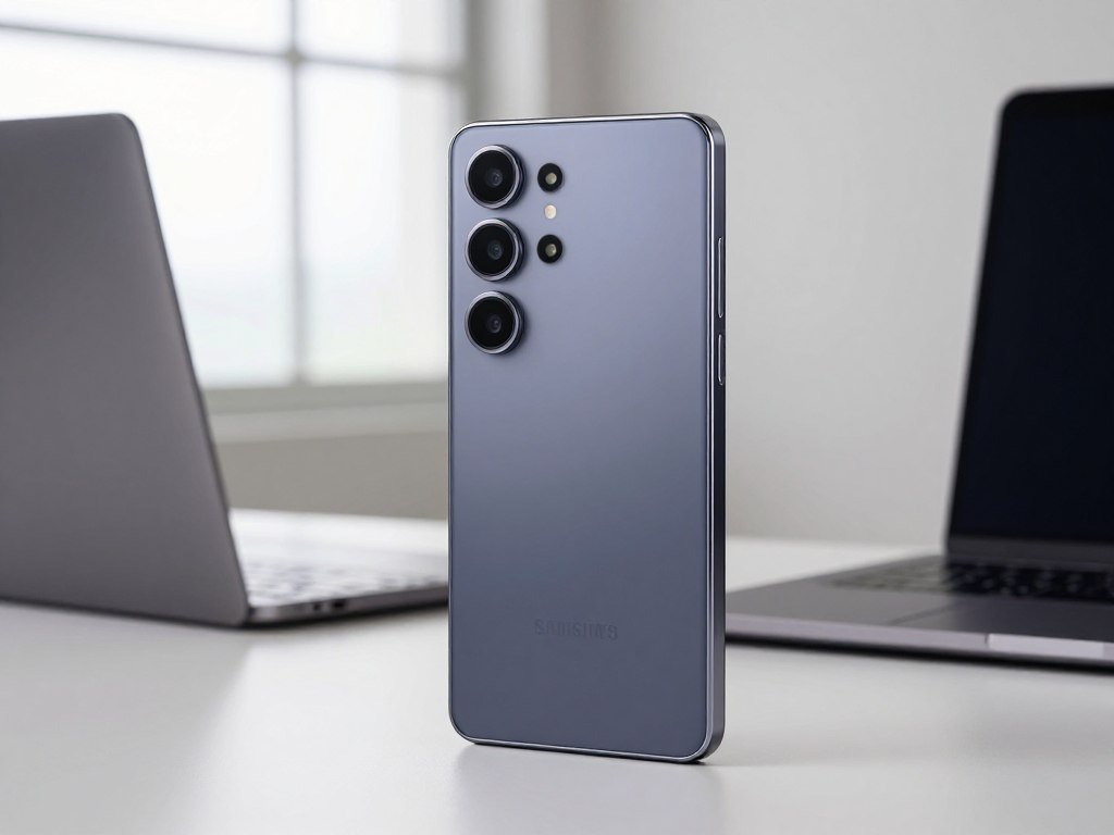 A sleek Samsung Galaxy S26 Ultra is prominently displayed in the foreground, showcasing its elegant design and high-resolution screen. The device is set against a modern office background with subtle hints of productivity, such as a stylish laptop and a minimalistic desk. Soft, natural light filters in through a window, creating a bright and inviting atmosphere that highlights the phone's features. The camera angle is slightly tilted to emphasize the smartphone's curved edges and advanced technology. The scene conveys a mood of sophistication and innovation, reflecting the powerhouse performance of the device, designed to elevate productivity and enhance user experience.