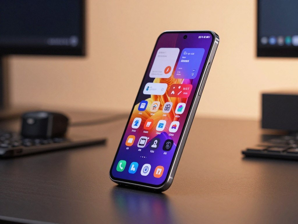 A sleek Samsung Galaxy S26 Ultra is showcased prominently in the foreground, highlighting its ultra-thin design and curved edges. The device displays a vibrant, high-resolution screen showcasing various app icons and a vivid wallpaper that emphasizes its display capabilities. In the middle ground, subtle reflections of a stylish desk setting, including modern tech accessories, add sophistication to the scene. The background features a softly blurred office environment with warm, ambient lighting to create a professional yet inviting atmosphere. Capture the image with a shallow depth of field to focus on the smartphone, using a slight tilt-up angle to emphasize its premium features. The mood should feel innovative and high-tech, illustrating the cutting-edge technology that sets the Samsung Galaxy S26 Ultra apart from other devices.