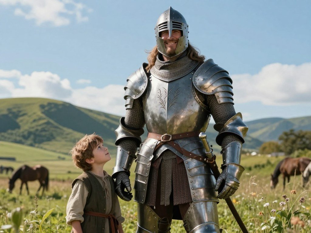 A towering knight with an impressive, muscular build stands confidently in a sun-drenched clearing, embodying Ser Duncan the Tall. He wears a simple yet rugged suit of armor made from weathered steel, embellished with a few subtle engravings of a hedge on the chest plate. His long, messy hair flows beneath a dented helm, and his friendly, well-defined facial features reflect his noble heart. Beside him, a young squire, Egg, dressed in modest traveling clothes, looks up with admiration. The background features lush green hills under a bright blue sky, with distant horses grazing. The lighting is warm and inviting, casting soft shadows to enhance the knight's heroic silhouette. The overall mood is adventurous and hopeful, capturing the essence of camaraderie on their journey.