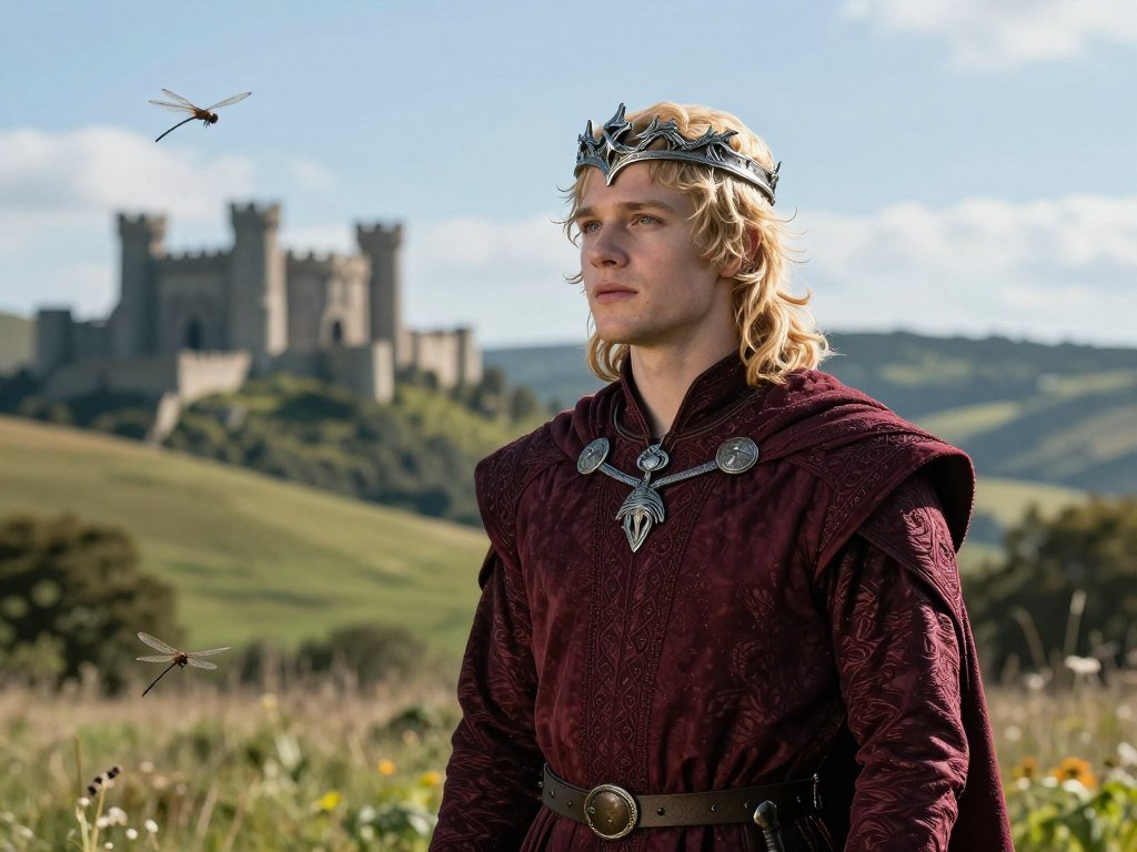 Aegon Targaryen, the youthful prince known as Egg, is depicted in a noble and adventurous pose, standing against a backdrop of the lush, rolling hills of Westeros. He wears a richly embroidered tunic in deep burgundy, symbolizing his Targaryen heritage, and a simple yet elegant crown of silver, adorned with subtle dragon motifs. His hair is tousled and golden, capturing the sunlight, as he gazes thoughtfully into the distance. The foreground features a dragonfly flitting by, while the middle ground showcases a distant castle under a clear blue sky, emphasizing the vastness of his realm. The overall mood is one of hope and ambition, illuminated by soft, natural light pouring through a gentle afternoon, shot with a mid-range lens to capture intimate details of the prince’s expression and surroundings.
